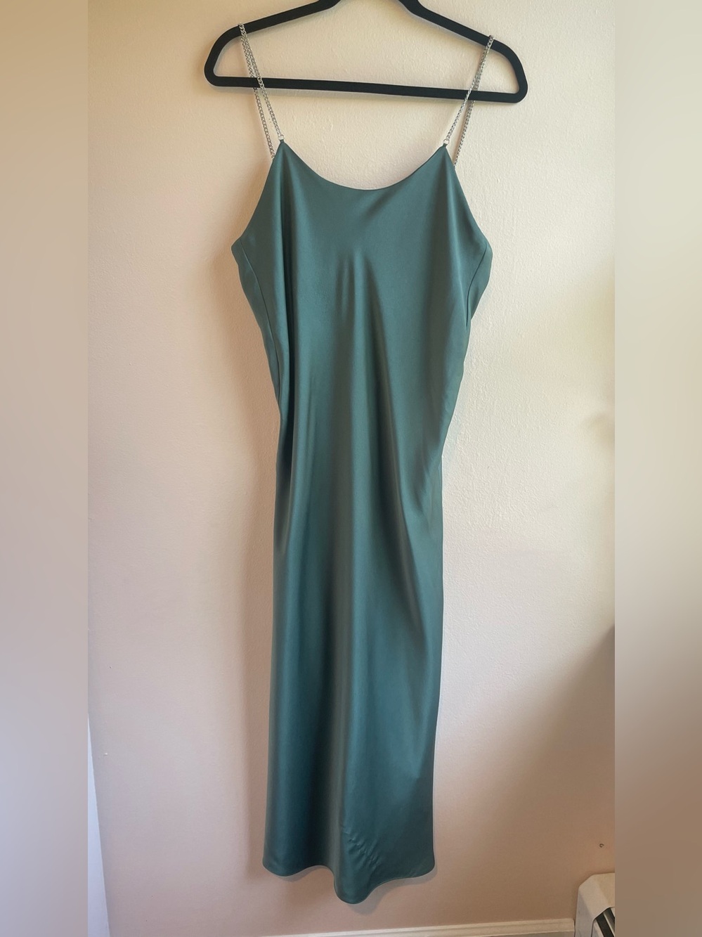ba&sh Sage Green Satin Midi Slip Dress Rhinestone Chain Straps Size 3 L